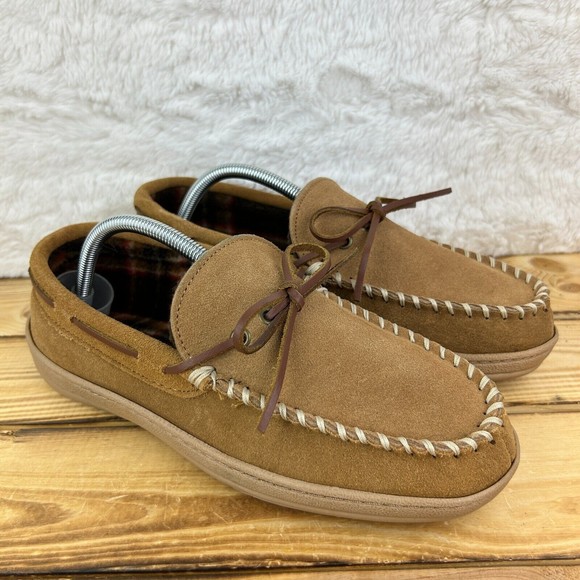 NEW Nunn Bush Mens Size 9 Slippers Eddie Mocassin Tan Leather Faux Fur Plaid - Picture 2 of 12